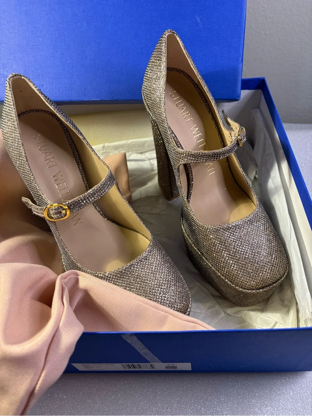 Stuart Weitzman Mary Jane Platform Heels Metallic Adobe Glitter 7 / 37.5
